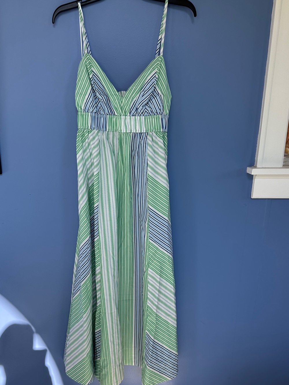 Striped Spaghetti‑Strap Midi Dress in Green and Blue